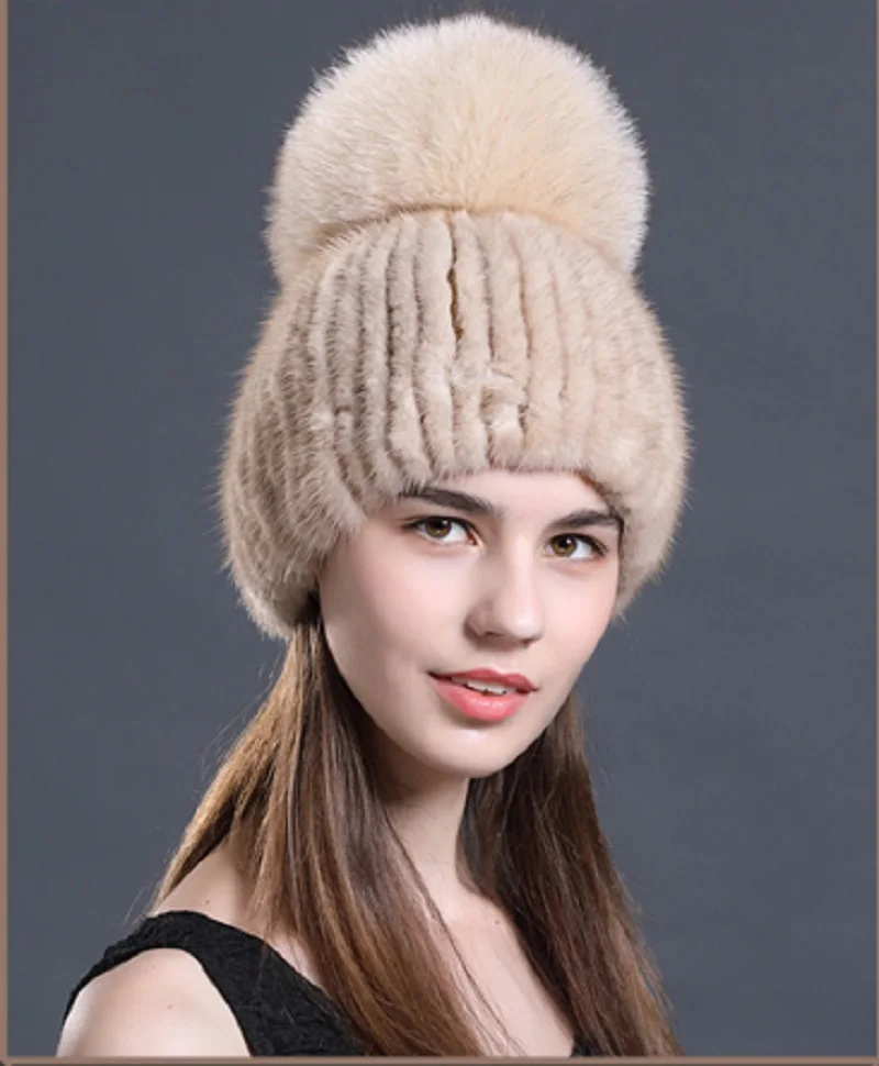 Real Mink Fur Hats Women Winter Warm Caps With Big Fox Fur Ball Skullies Beanie Handmade Fluffy Soft
