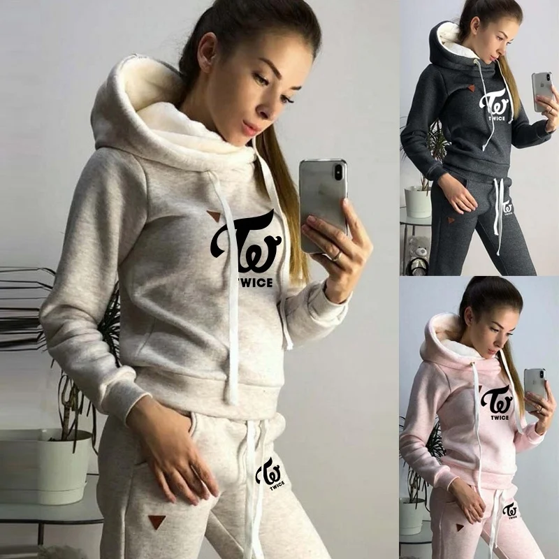 Осенне-зимние женские модные спортивные костюмы, повседневный однотонный спортивный костюм для бега, толстовки и спортивные штаны, комплект из двух предметов для Ru