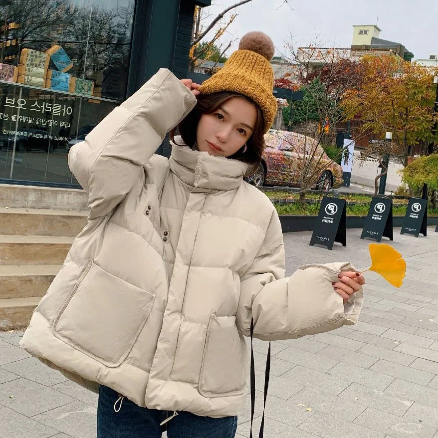 

2019 Chic Off-white Short Loose-Fit down Coat Cloak BF Thick Stand Collar Korean-style Cotton Overcoat Female Students