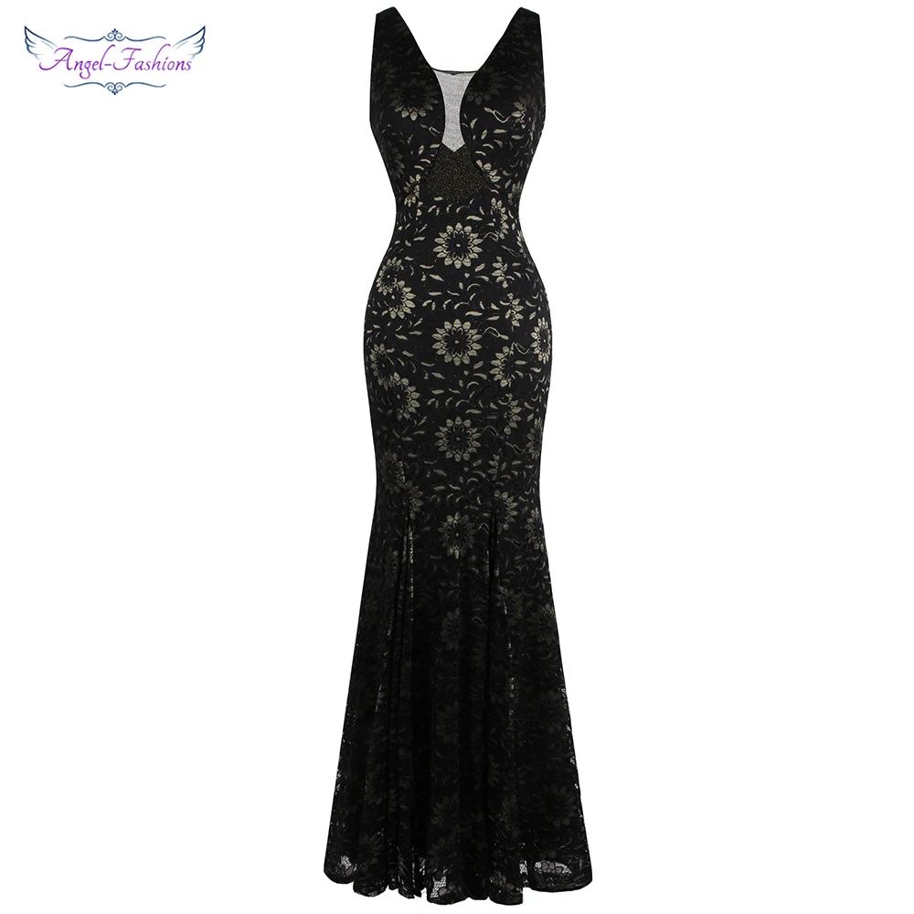 Angel-fashions женское платье с v-образным вырезом цветочное кружевное длинное