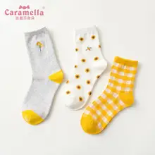 Caramella, 3 пар/лот, женские хлопковые носки, зима-осень, толстые носки, маленькие желтые носки с ромашками, милые носки для девочек в студенческом стиле