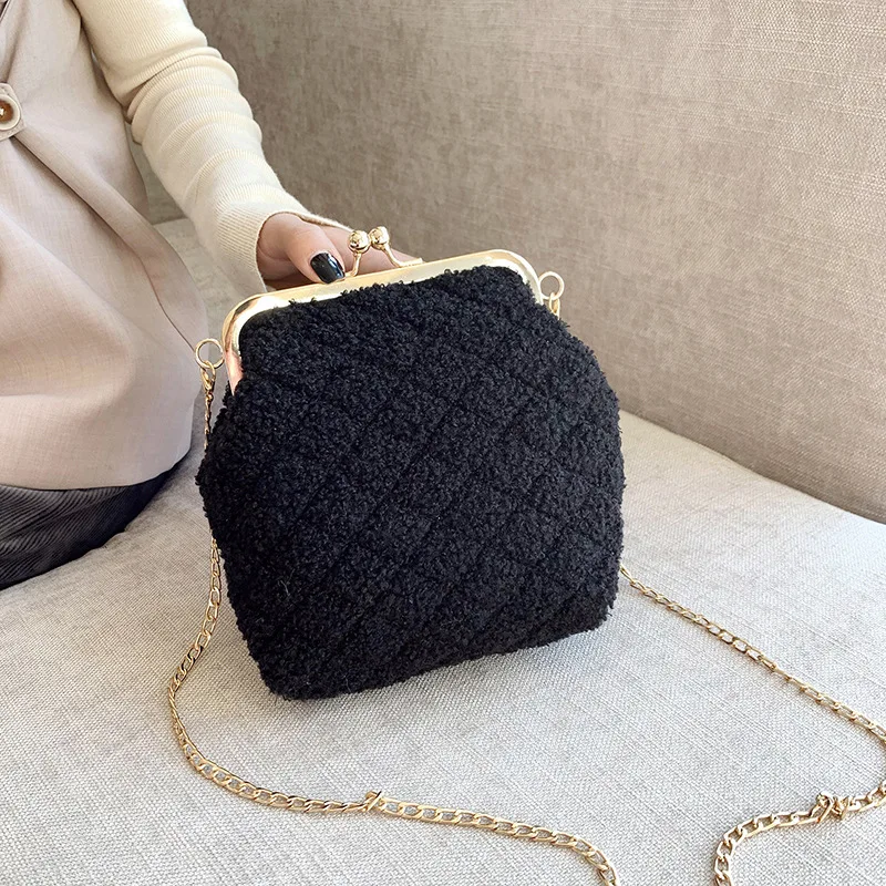 

Autumn And Winter INS Bag Women's 2019 New Style Fashion Velvet Clamping Opening Shoulder Bag Korean-style Versatile Chain Bucke
