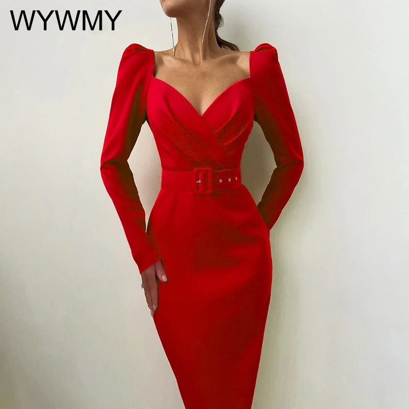 

Элегантные длинные платья WYWMY в французском ретро-стиле, женское Привлекательное платье-карандаш средней длины с V-образным вырезом и рукавом-фонариком красного цвета с поясом