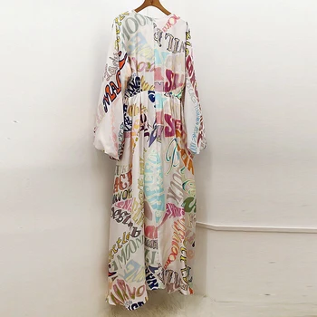 

Women Silk Dress High Waist Sashes A Line Summer Dress Long Sleeve Single-Breasted Fashion Print Dress Bohemian Midi Dresses