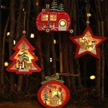 

Christmas Pendant Decorations Wooden Drop Ornament Xmas Party Christmas Tree Hollow LED Light