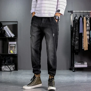 

Plus Size Jeans Men Casual Stretch Taper Pants Drawstring Denim Ankle length Trousers Blue Dark Blue Big and Ta