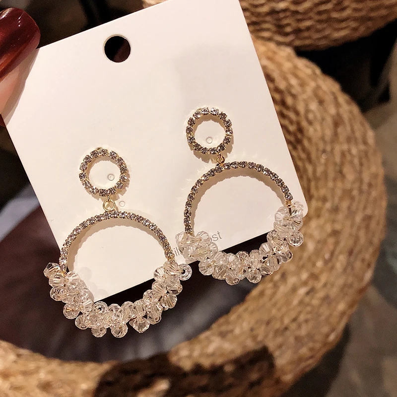 

Fashion Shining Circle Drop Earrings Precision Inlay Gold Silver Color Rhinestone Earrings for Women Wedding Party Jewelry