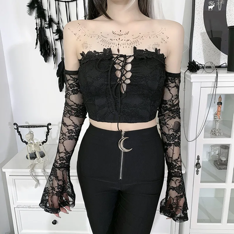 

Goth T-shirts Mall Goth Aesthetic Sexy Off Shoulder Lace Up T Shirt Women Backless See Through Long Sleeve Corset Top