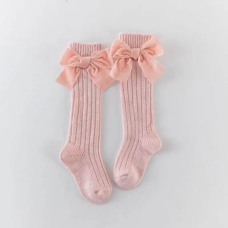 New Winter Children's Socks Thick Knitting Knee Hight Socks For Girls Warm Cotton Sock With Bows Baby Socken Princess Style - Цвет: Pink