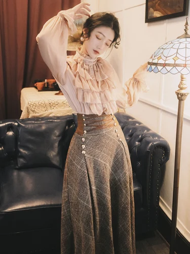 

Retro Single Breasted Chiffon Blouse Ruffle Flare Sleeve High Waist Plaid Retro Skirts Women Elegant Long Two Piece Sets Tweed