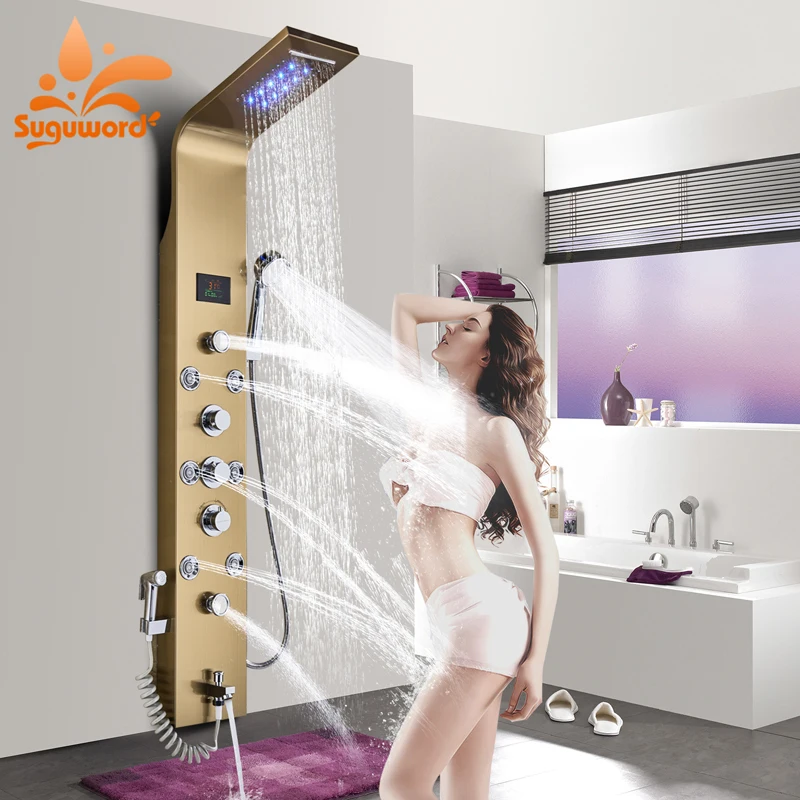 Suguword набор для ванной Душевой панели смеситель клапан кран светодиодный душ с дождевой насадкой спа с температурным дисплеем Душевая система