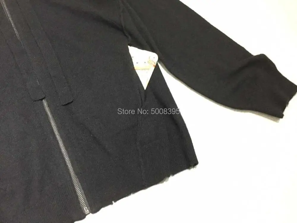 Черный кашемировый шнурок с капюшоном Вязаный Кардиган Куртка Молния Спереди боковые карманы с длинными рукавами локоть звезда патч