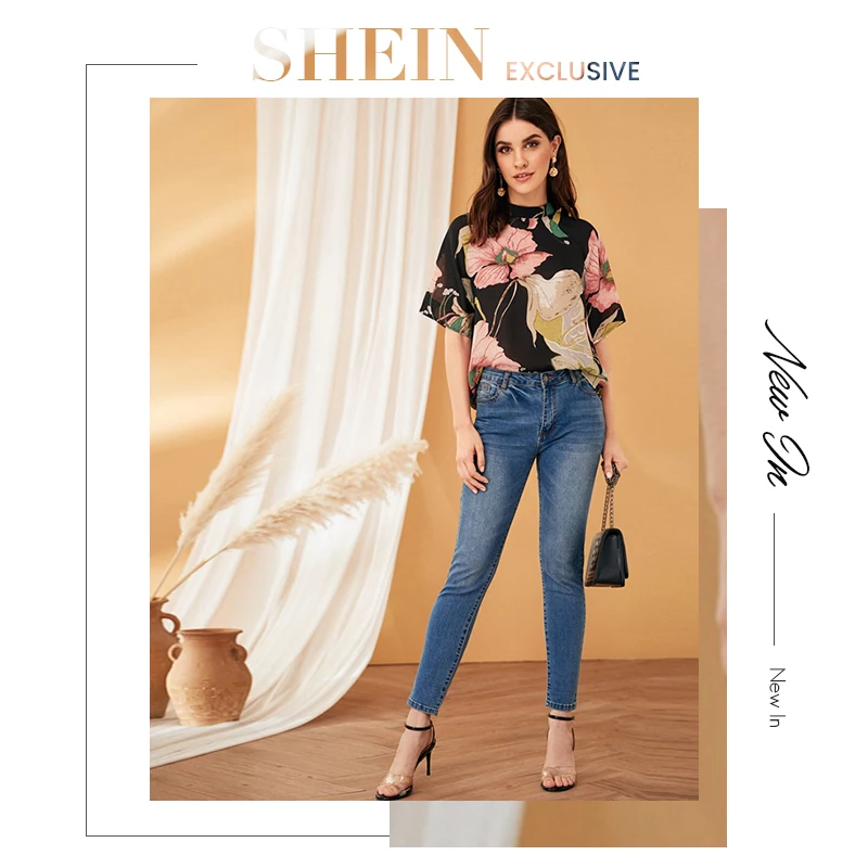 SHEIN многоцветная блуза с воротником-стойкой, с растительным принтом, Топ для женщин, летние повседневные рабочие топы и блузки с коротким рукавом
