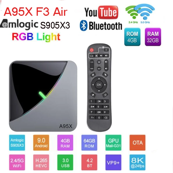 Android 9,0 RGB светильник Smart tv Box Amlogic S905X3 USB3.0 1080P H.265 4K 60fps Wifi Google Play Netflix Youtube A95X F3 Air 8K - Цвет: 4G 32G