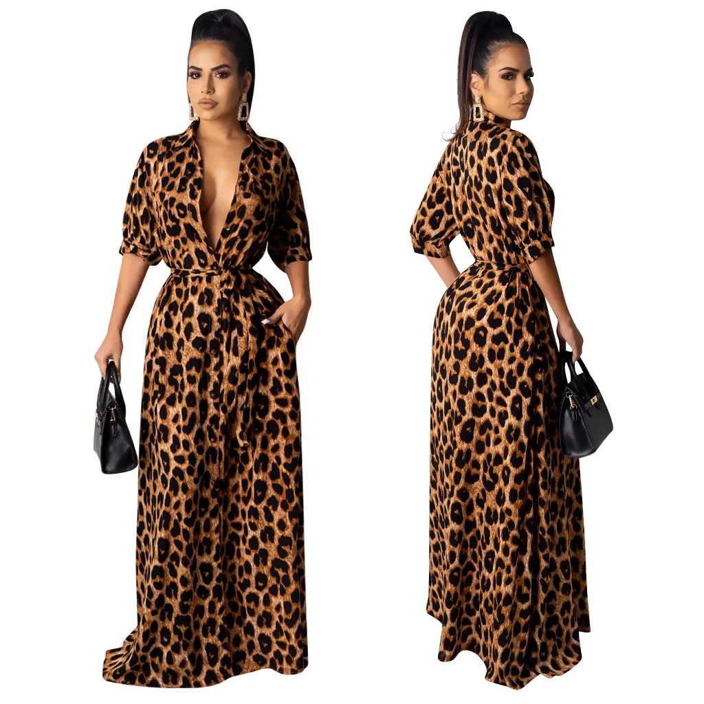 HAOYUAN Sexy Leopard Maxi Dress Women Robe Plus Size Christmas Clothes Night Club Party Dress Half Sleeve Elegant Long Dresses