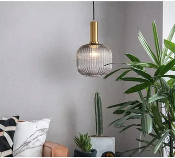 

Nordic bedside hanging lamps retro Simple glass striped vintage small pendant lamp Electroplated gold green glass droplight loft