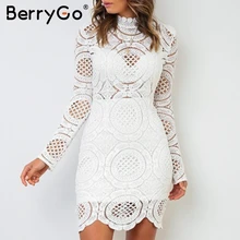 BerryGo сексуальное открытое белое платье с высоким воротом, женское элегантное кружевное платье с длинным рукавом для вечеринки, шикарное прямое женское осеннее короткое платье