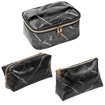 

3 Piece Cosmetic Bag Travel Bag Portable Cosmetic Bag Makeup Brush Bag Waterproof Storage Bag Unisex, Black Marble