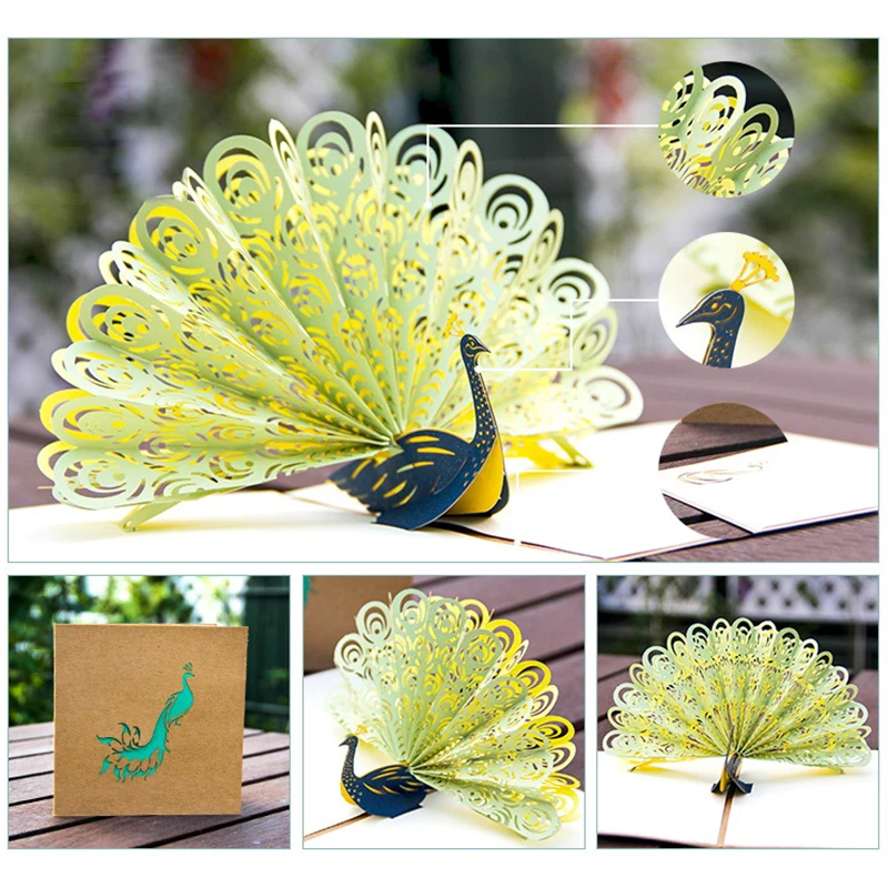3D Pop UP Carved Peacock Cards Creative Gift Card for Girl Kids Wife Husband Birthday Cake Greeting Card Christmas Postcard Gift