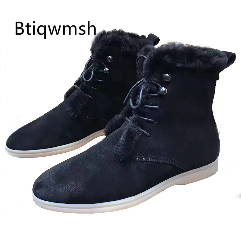 2019 Wool Fur Snow Boots Women Round Toe Black Suede Lace Up Warm Flat Ladies Ankle Winter | Обувь