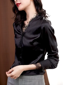 

9921 Solid Color V-neck Silk Shirts 2020 Spring New Style Satin Versatile Tops Slim Fit Shirt