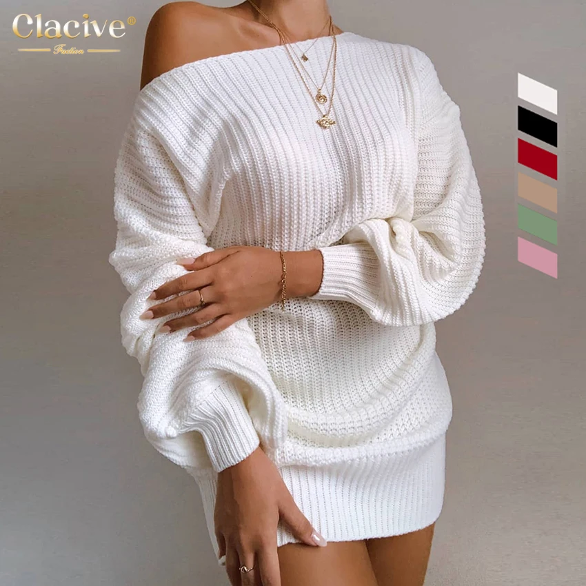 

Clacive Slash Neck Knitted Ladies Dress Elegant Causal Long Sleeve Women Sweaters Dresses Autumn Winter Solid Loose Dress Female