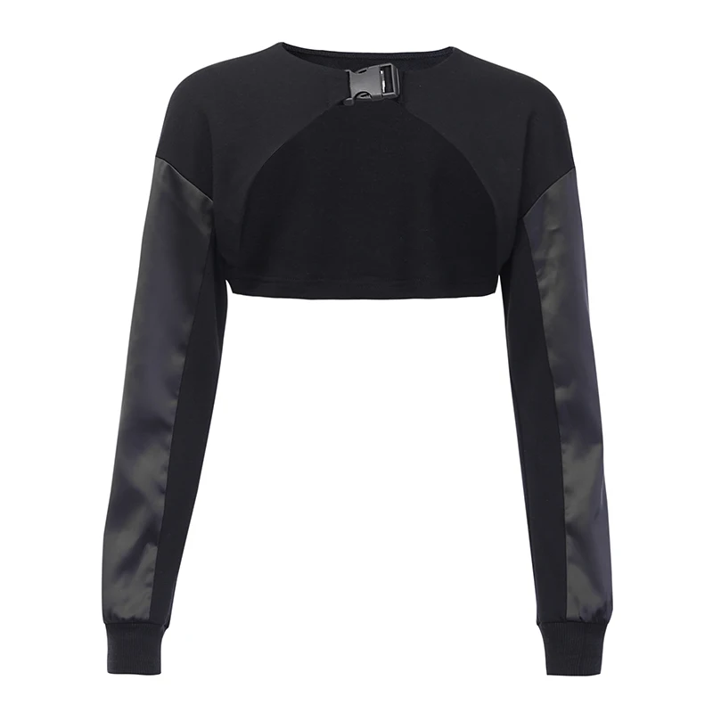 Short Crop Top InstaHot/черные топы с пряжкой, с длинным рукавом, для женщин, из хлопка, сексуальная Готическая панк-осенняя тонкая футболка, уличная Футболка Harajuku - Цвет: Short Crop Top