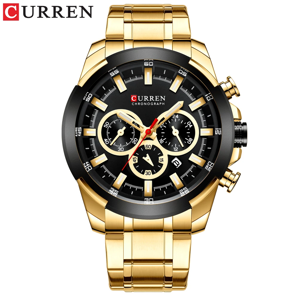 CURREN новая сверхмодная Повседневное Часы из нержавейки Для мужчин кварцевые наручные часы с хронографом бизнес световой часы мужской - Цвет: gold black