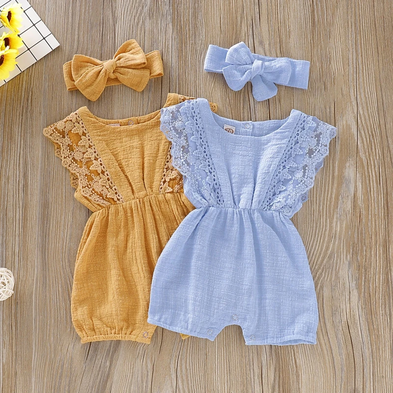 Infant Baby Girl Bow Solid Flare Sleeve Romper Bodysuit Clothes Outfits jumpsuit