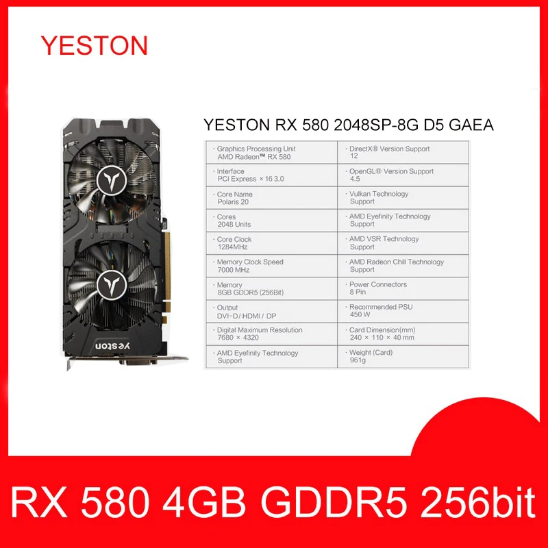  Yeston Radeon Graphics Card RX 580 GPU 8GB GDDR5 256bit Gaming Desktop computer PC Video support DV