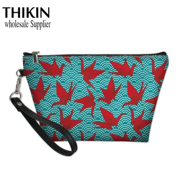

THIKIN Red Paper Crane Pattern Women Travel Cosmetic Bag Makeup Bags Japanese Style Handbag Female Zipper Purse Small Cosmetics