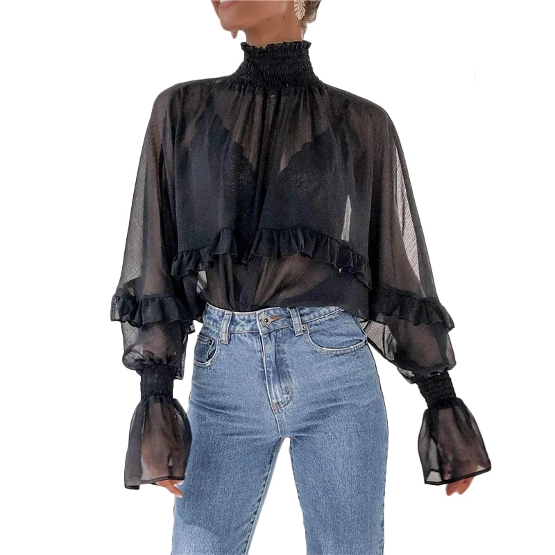 

New Half See through Blouses Sexy Women Chiffon Shirts Spring Autumn Tops Flare Long Sleeve Turtleneck Ruffles Patchwork Blusas