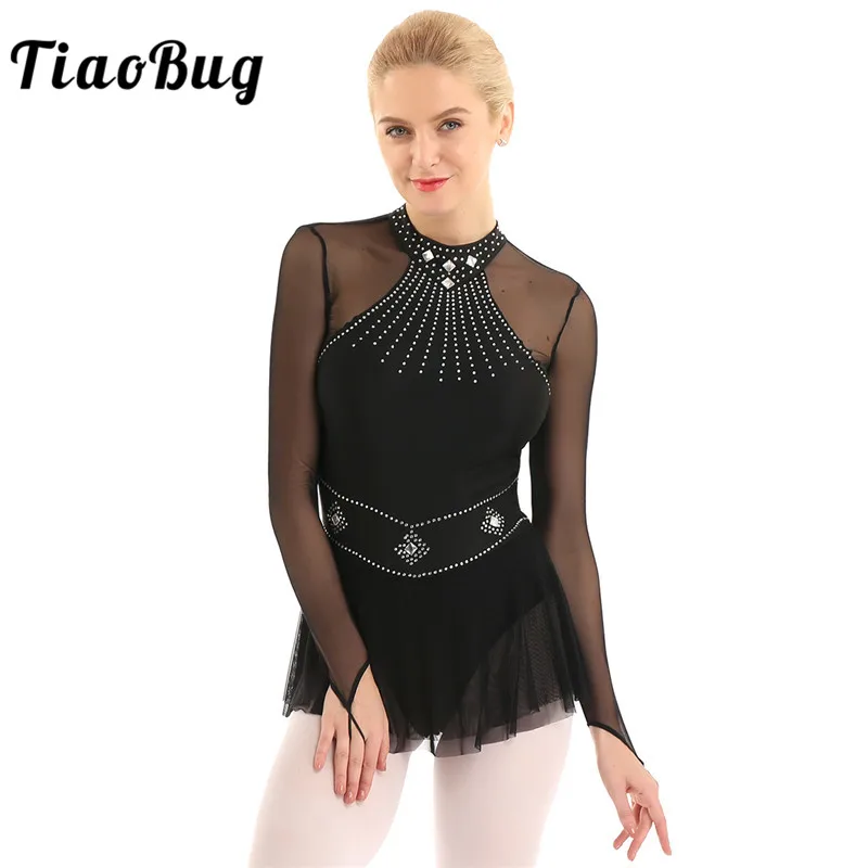 

TiaoBug Shiny Rhinestones Long Sleeve Mesh Splice Ballet Gymnastics Leotard Women Figure Skating Dress Performance Dance Costume