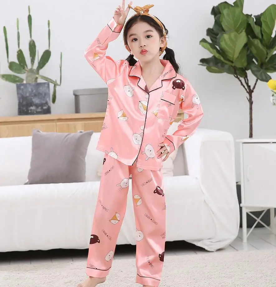Children Silk Pajama Set Spring Summer Girls Boys Silk Fabric long sleeve Pajamas Set Kids Sleepwear Nightwear Clothes Set - Цвет: model 9