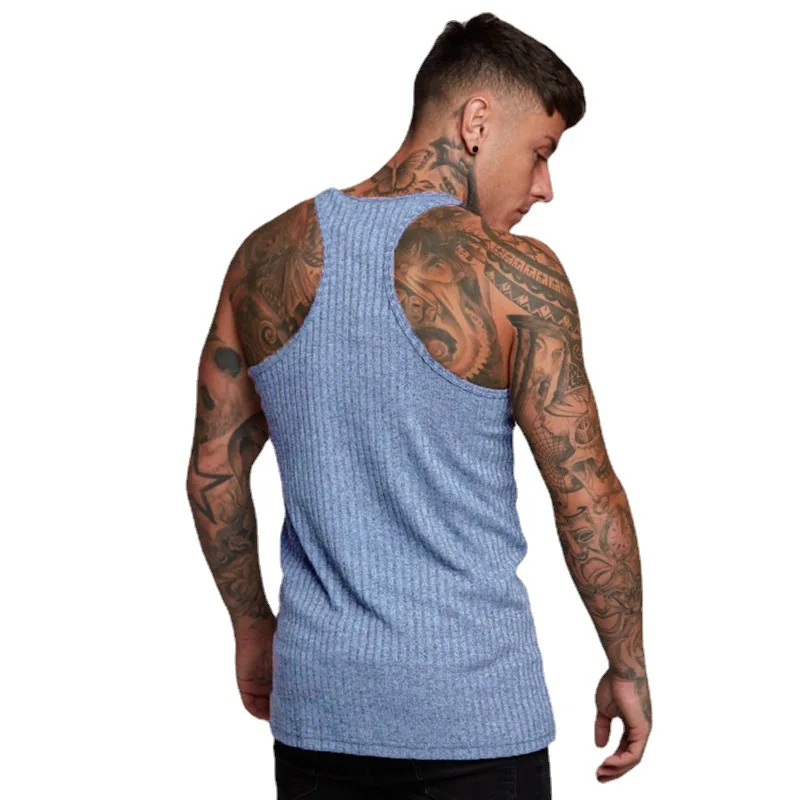 Fitness Sleeveless T Hemd Strick Slim Fit Weste Sport Streifen Gym Stringer Tank Top Männer Solide Mode Singuletts Sommer Kleidung – Detail 11