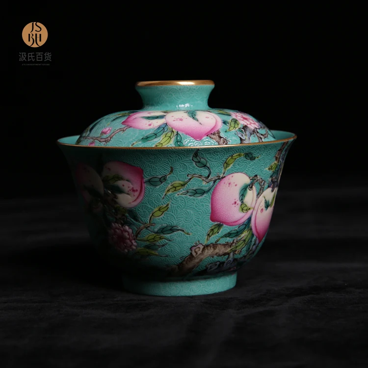 1-绿地扒花寿桃 盖碗 主图1-1