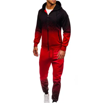 

Men Fashion Sports Set 2 Pieces 2019 New Men Hooded Long Sleeve Zipper Sweatshirt+Pants Casual Loose Gradient Print Tracksuit
