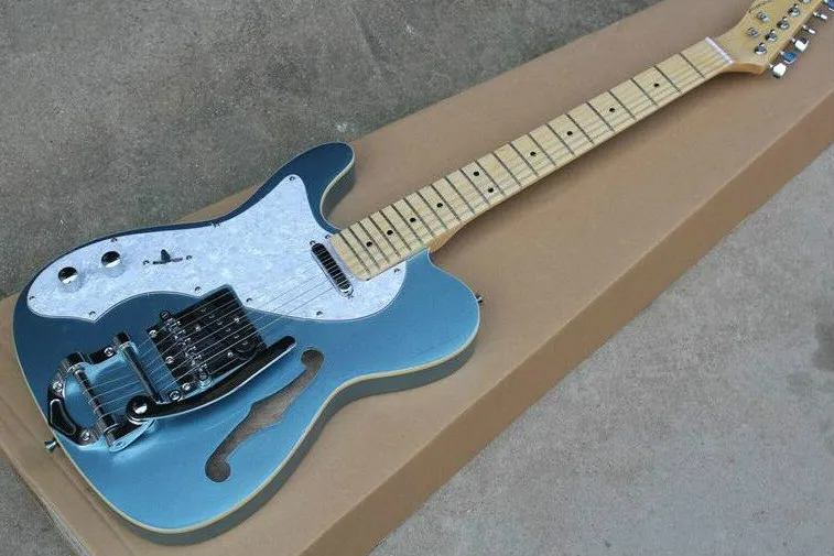 

Top quality FDTL-2038 left hand metal blue color solid body F hollow white pickguard maple fretboard Bigsby tremolo TL electric guitar, Free shipping