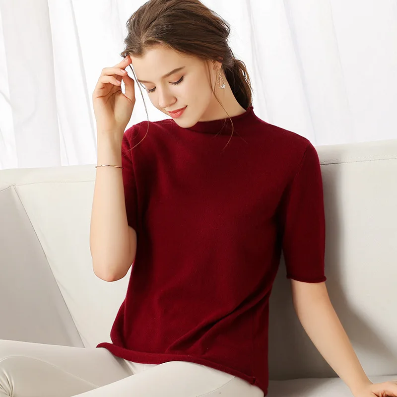 

2020 Spring And Summer New Style Cashmere Short Sleeve Women's Crimping Half-Turtle-Neck Pullover Solid Color Half Sleeve Wool S