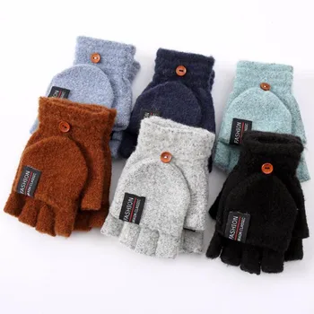 

Calymel Unisex Winter Warm Mittens Cotton Wool Knitted Gloves Thickening Patchwork Flip Fingerless Exposed Finger Gloves