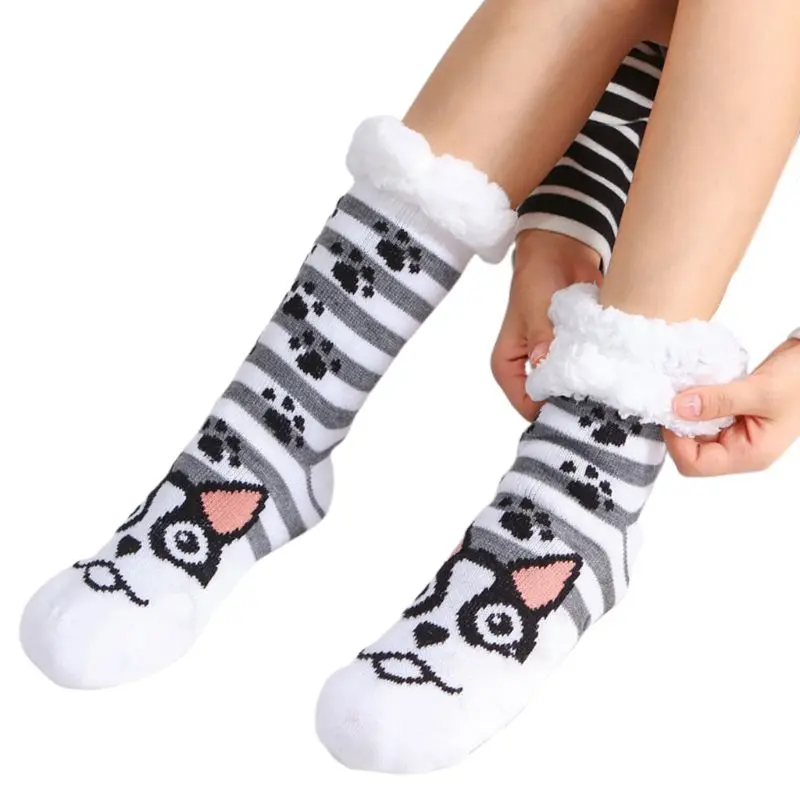 Stripes Puppy Women Winter Thick Warm Fuzzy Lined Slipper Sock Cartoon Animal Non-Skid Hosiery - Color: Stripes Puppy