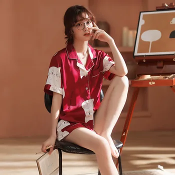 

Women Spring Pajama Set Short Sleeve Plus Size 3XL 4XL 5XL Pajamas Sets Silk Satin Pijama Sleepwear Pyjamas Nightwear Homewear