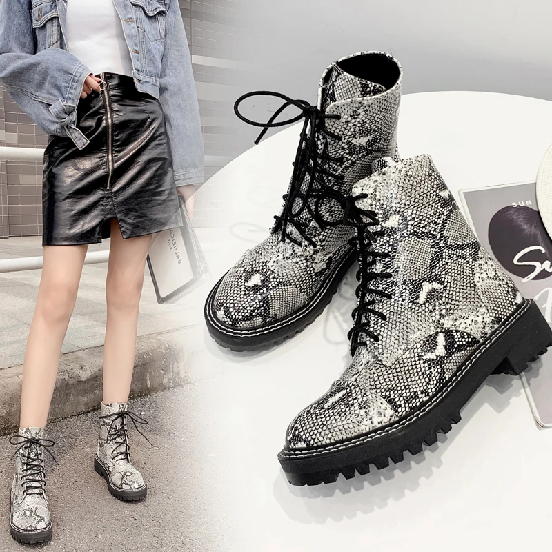 

Shoes Woman Motorcycle Boots Snake Prints Round Toe Knight Boot Vintage Lace Up Platform Mid Calf Booties Ladies Zapatos Mujer