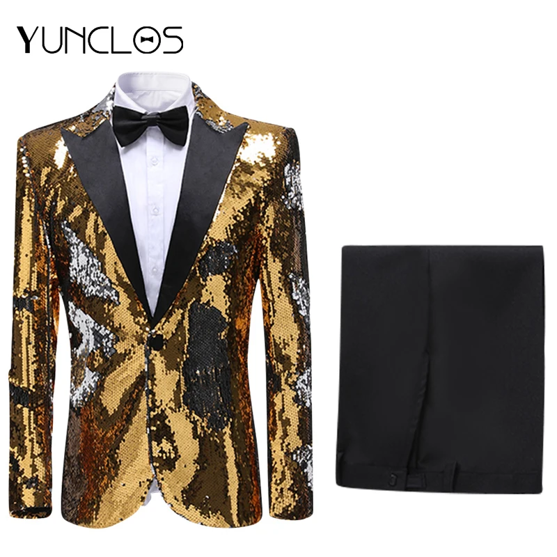 YUNCLOS,, мужские костюмы из 3 предметов, одна пуговица, свадебное платье с блестками для вечеринки(пиджак+ брюки+ галстук-бабочка