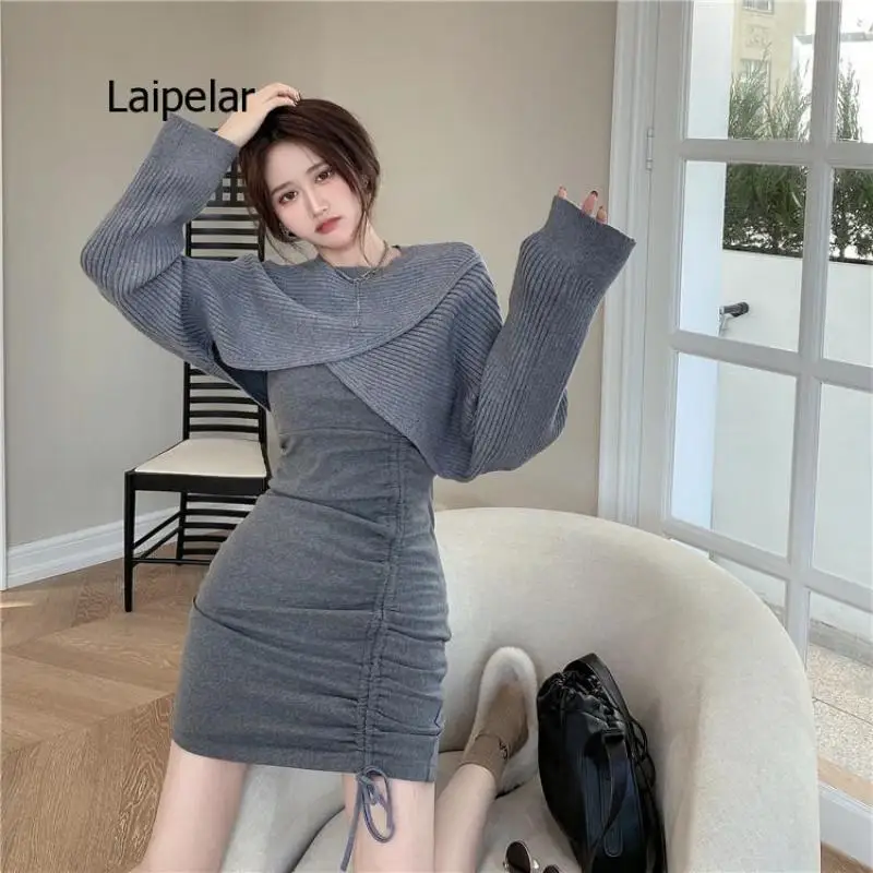 Long Sleeve Knitted Sweater Shawl Blouse Women's Autumn and Winter 2 Pes Set Suit New Tight Bottomed Buttock Dress topqueen simple tulle shawl summer transparent dress cardigan bridal cloak wedding blouse sleeveless blouse vg89