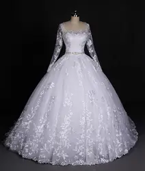 2019 настоящая фотография, кружевное бальное платье с длинным рукавом, свадебное платье с ремнем, свадебное платье с длинным шлейфом