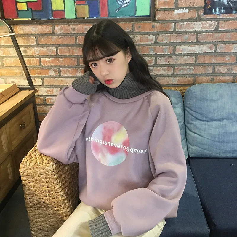 

New Autumn Winter Thick Hoodies Sweatshirt Women Harajuku Wool Stitching Patchwork Batwing Pullovers Student Chic Warm Fall Tops