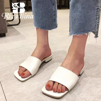 

RIZABINA Women Shoes Sandals Fashion Peep Toe Shoes Slip On Low Heel Shoes Beach Sandals Solid Slippers Footwear Size 35-40