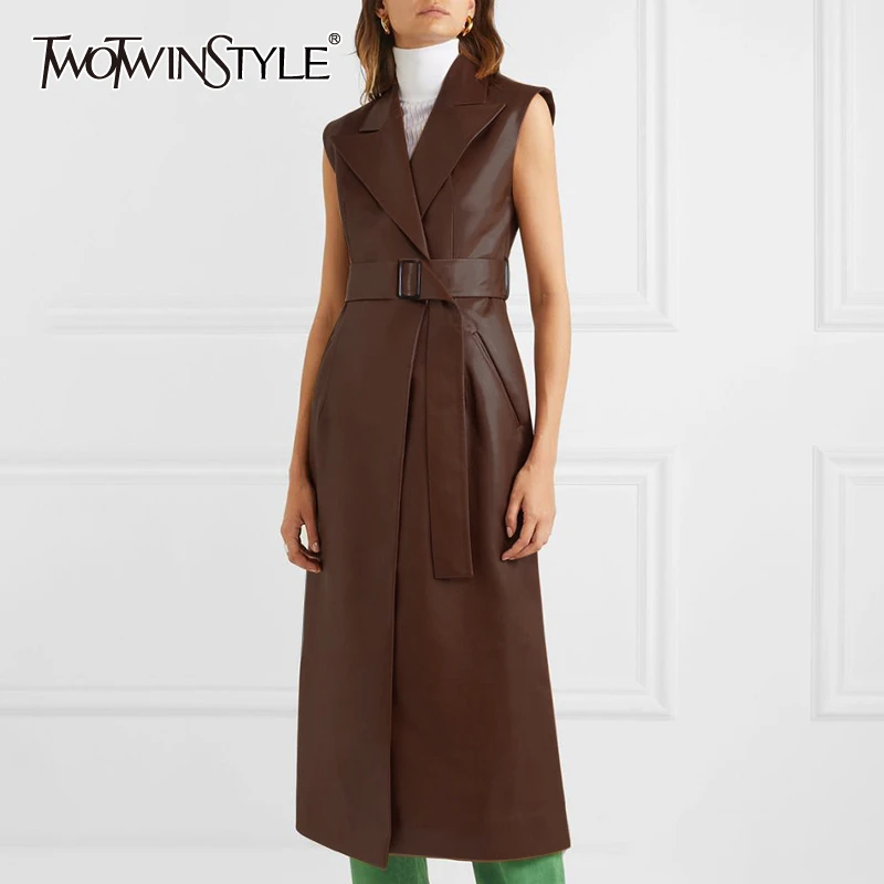 

TWOTWINSTYLE Solid Leather Women's Dress Lapel Collar Sleeveless High Waist Sashes Split Midi Summer Dresses Female 2019 New