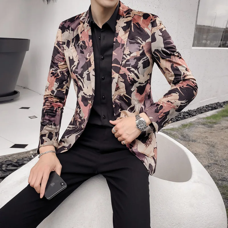 2019 принт человек блейзер Hombre Человек пиджак Slim Fit деловой повседневный модная